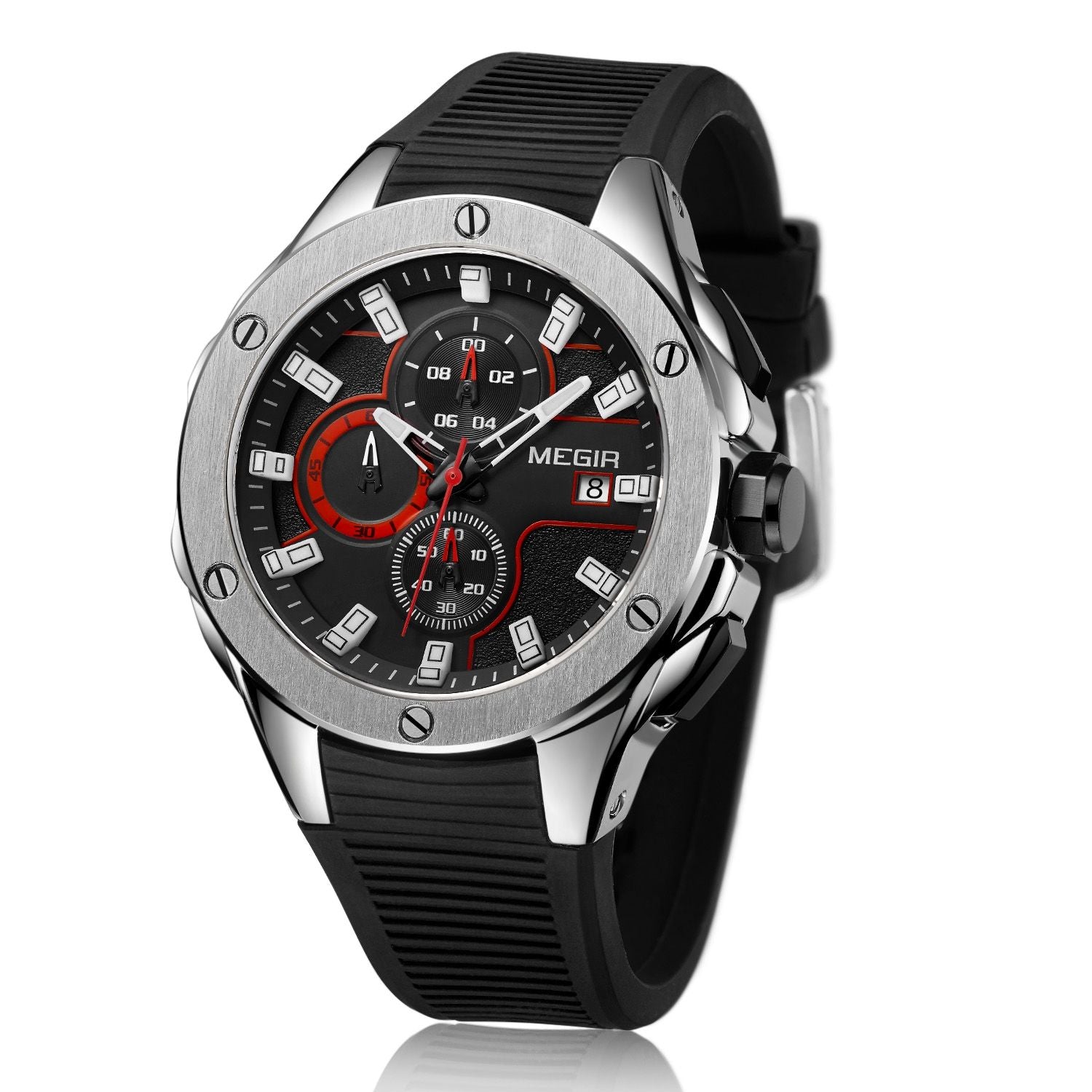 MEGIR 2053 men's chronograph watch, silver case with black dial, red accents and black silicone strap, angled view