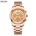 MEGIR 2057 women's chronograph watch, rose-gold case with rose-gold dial and stainless steel bracelet, front view