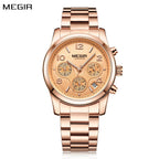 MEGIR 2057 women's chronograph watch, rose-gold case with rose-gold dial and stainless steel bracelet, front view