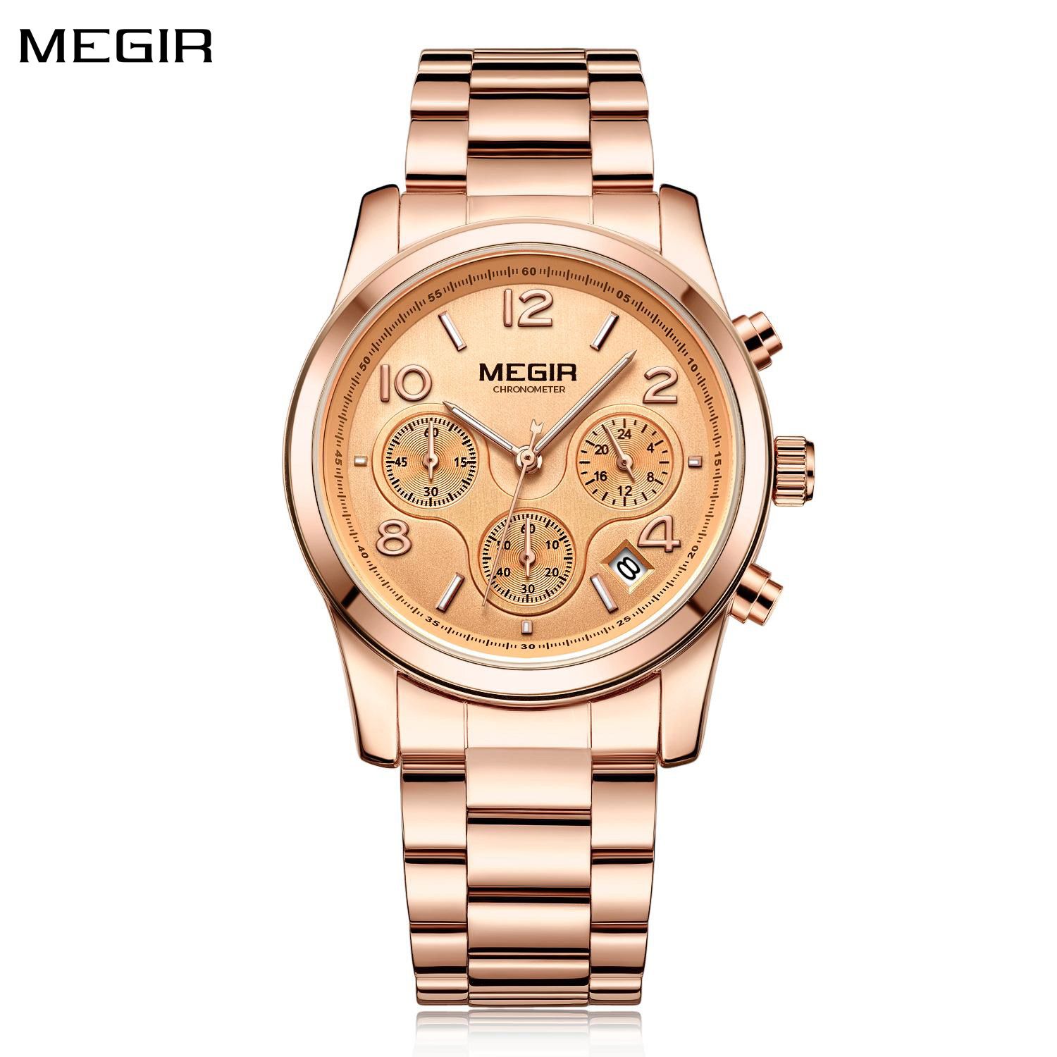 MEGIR 2057 women's chronograph watch, rose-gold case with rose-gold dial and stainless steel bracelet, front view