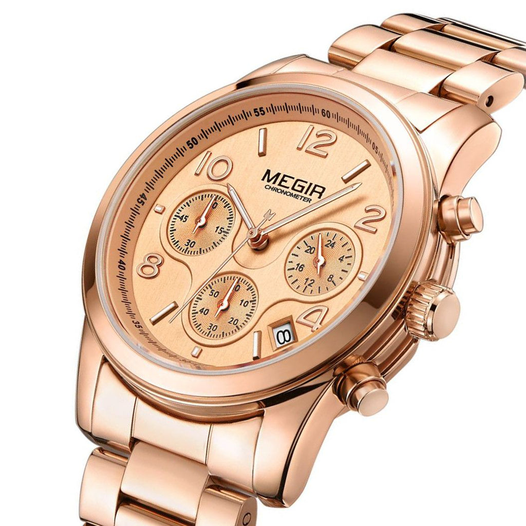 MEGIR 2057 women's chronograph watch, rose-gold case with rose-gold dial and stainless steel bracelet, three-quarter view