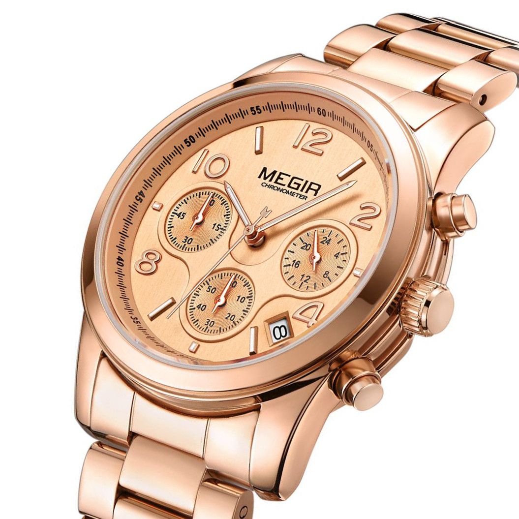 MEGIR 2057 women's chronograph watch, rose-gold case with rose-gold dial and stainless steel bracelet, three-quarter view