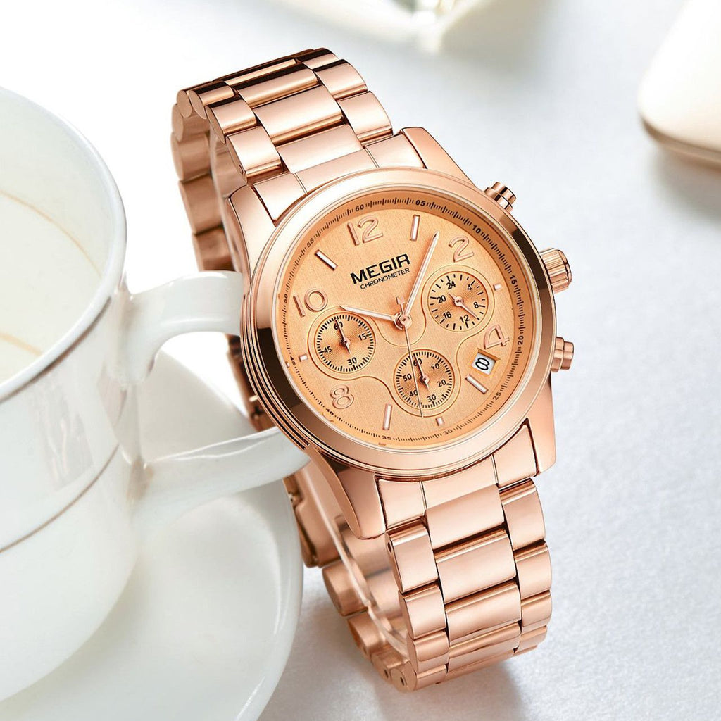 MEGIR 2057 women's chronograph watch, rose-gold case with rose-gold dial and stainless steel bracelet, angled view