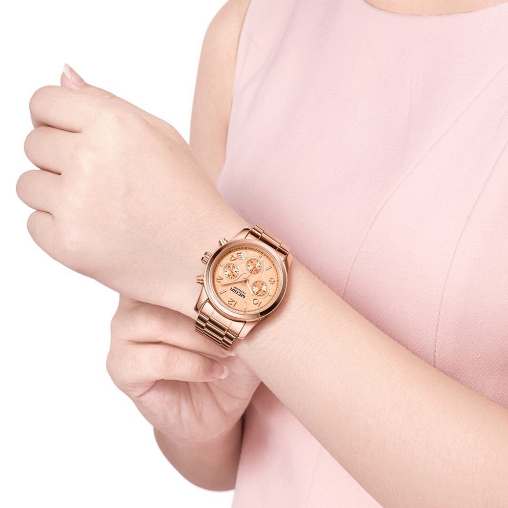 MEGIR 2057 women's chronograph watch on the wrist, rose-gold case with rose-gold dial and stainless steel bracelet
