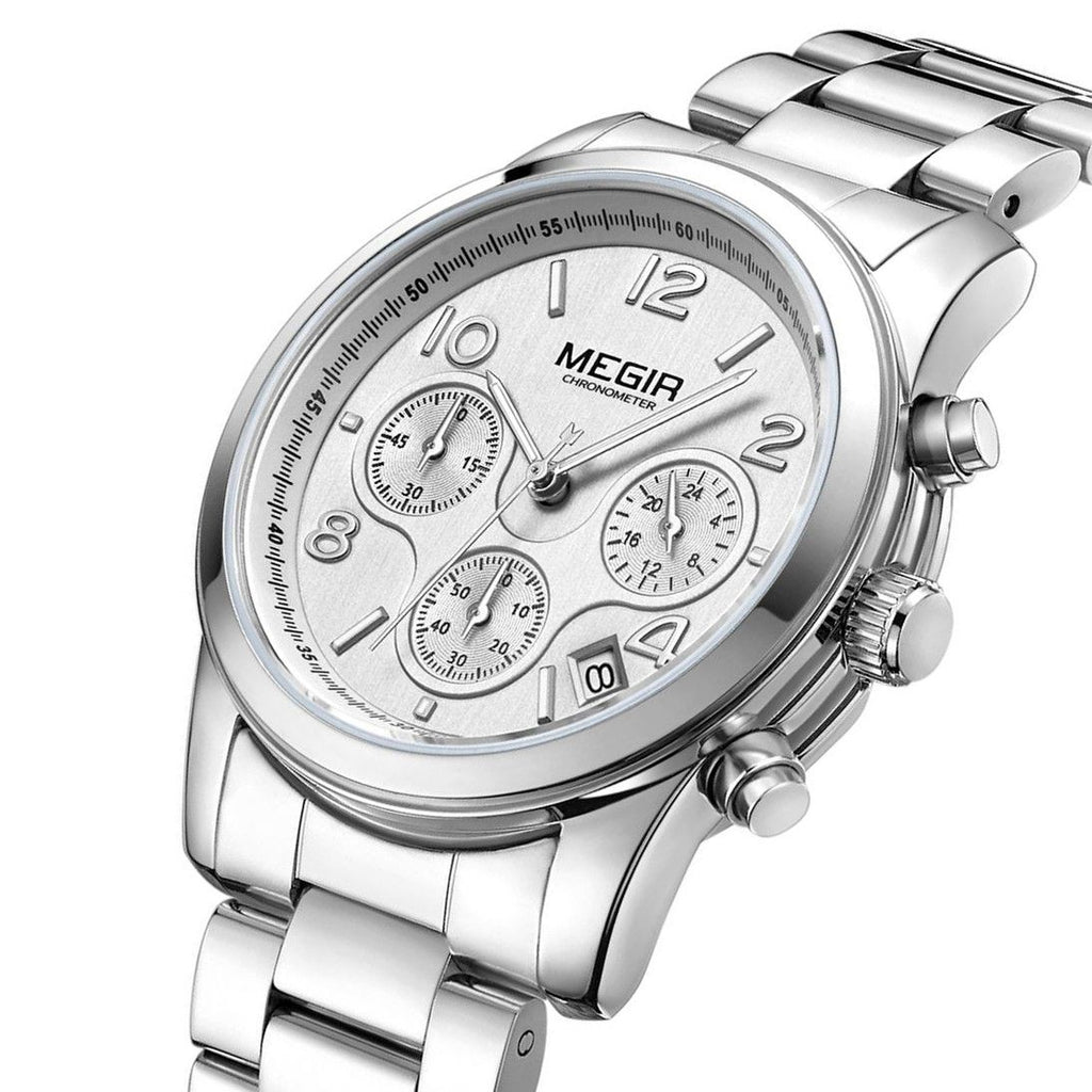 MEGIR 2057 women's chronograph watch, silver case with white dial and stainless steel bracelet, angled view