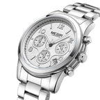 MEGIR 2057 women's chronograph watch, silver case with white dial and stainless steel bracelet, angled view