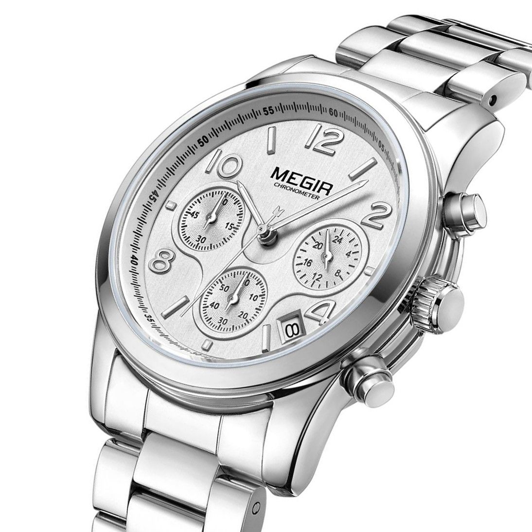 MEGIR 2057 women's chronograph watch, silver case with white dial and stainless steel bracelet, angled view