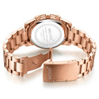 MEGIR 2057 women's chronograph watch caseback with engravings and rose-gold bracelet with clasp