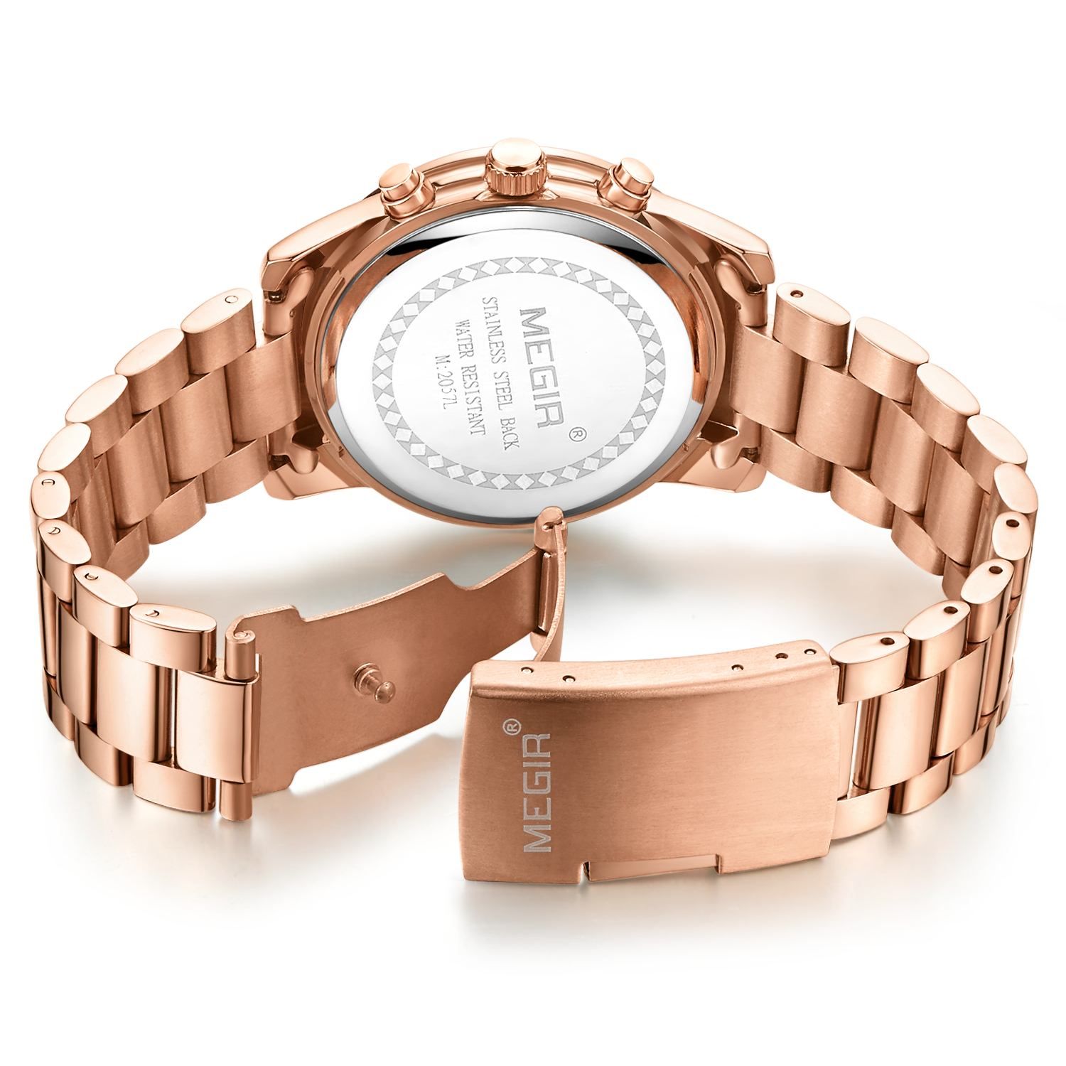 MEGIR 2057 women's chronograph watch caseback with engravings and rose-gold bracelet with clasp