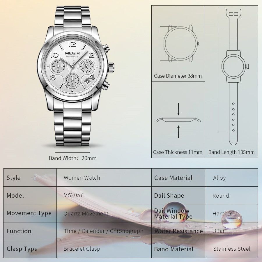 MEGIR 2057 women's chronograph watch parameters graphic with case diameter, thickness and band length