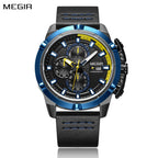 MEGIR 2062 men's chronograph watch, black case with blue bezel, yellow accents and black leather strap, front view