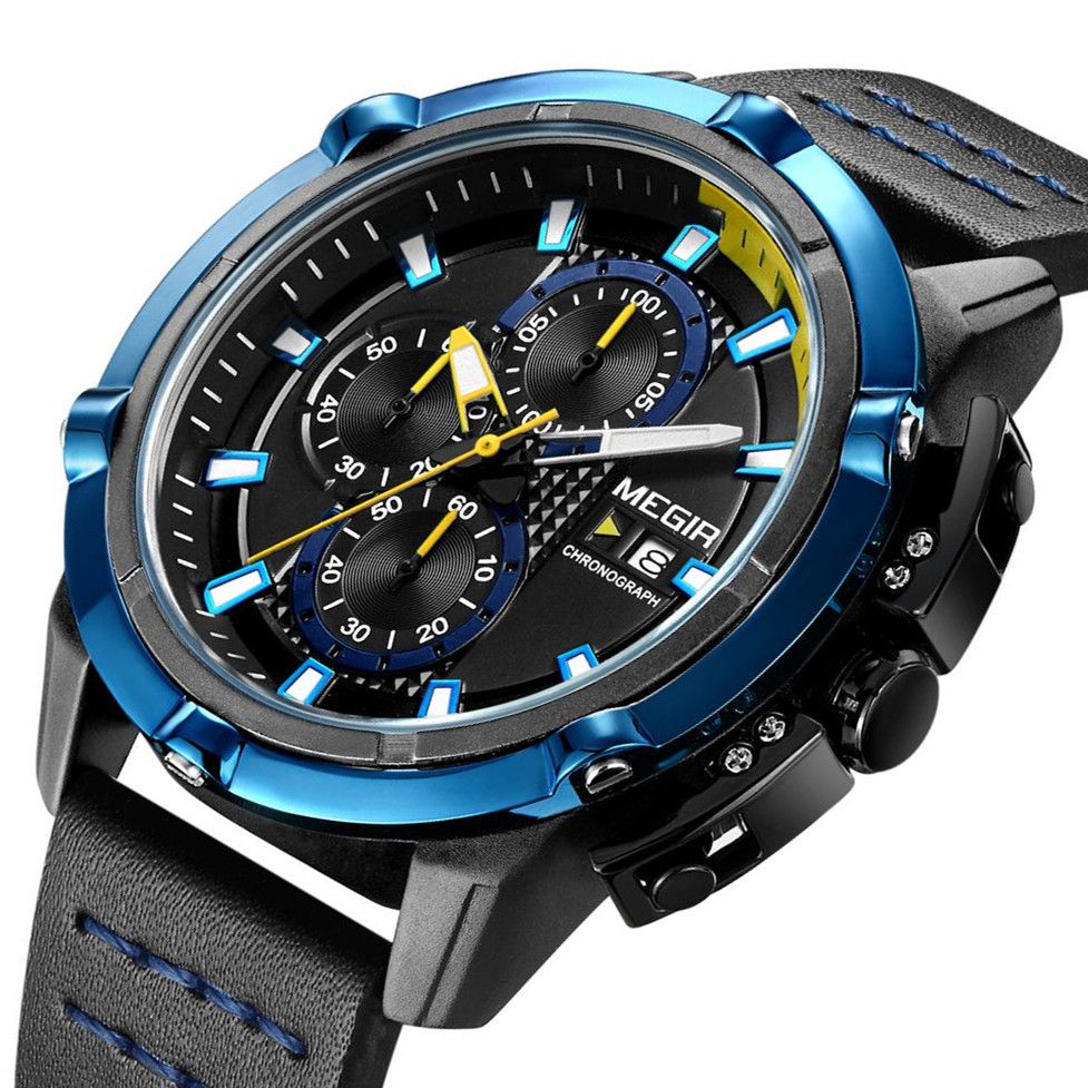 MEGIR 2062 men's chronograph watch, black case with blue bezel, yellow accents and black leather strap, angled view