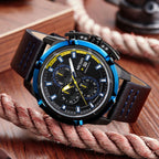 MEGIR 2062 men's chronograph watch, black case with blue bezel and yellow accents on a brown leather strap, angled view