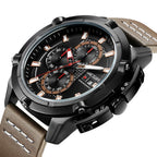 MEGIR 2062 men's chronograph watch, gunmetal case with black dial and brown leather strap, angled view