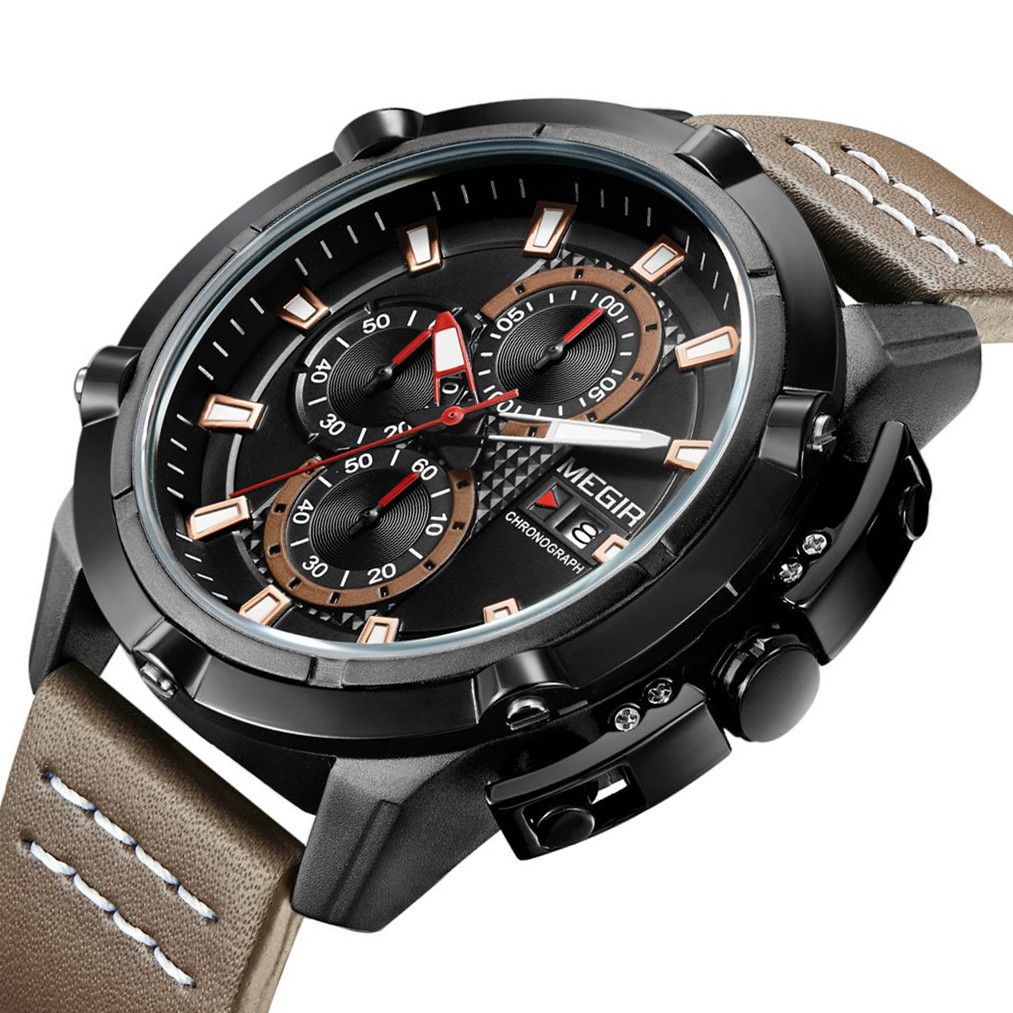 MEGIR 2062 men's chronograph watch, gunmetal case with black dial and brown leather strap, angled view