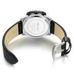 MEGIR 2062 men's chronograph watch caseback with engravings and black leather strap with buckle