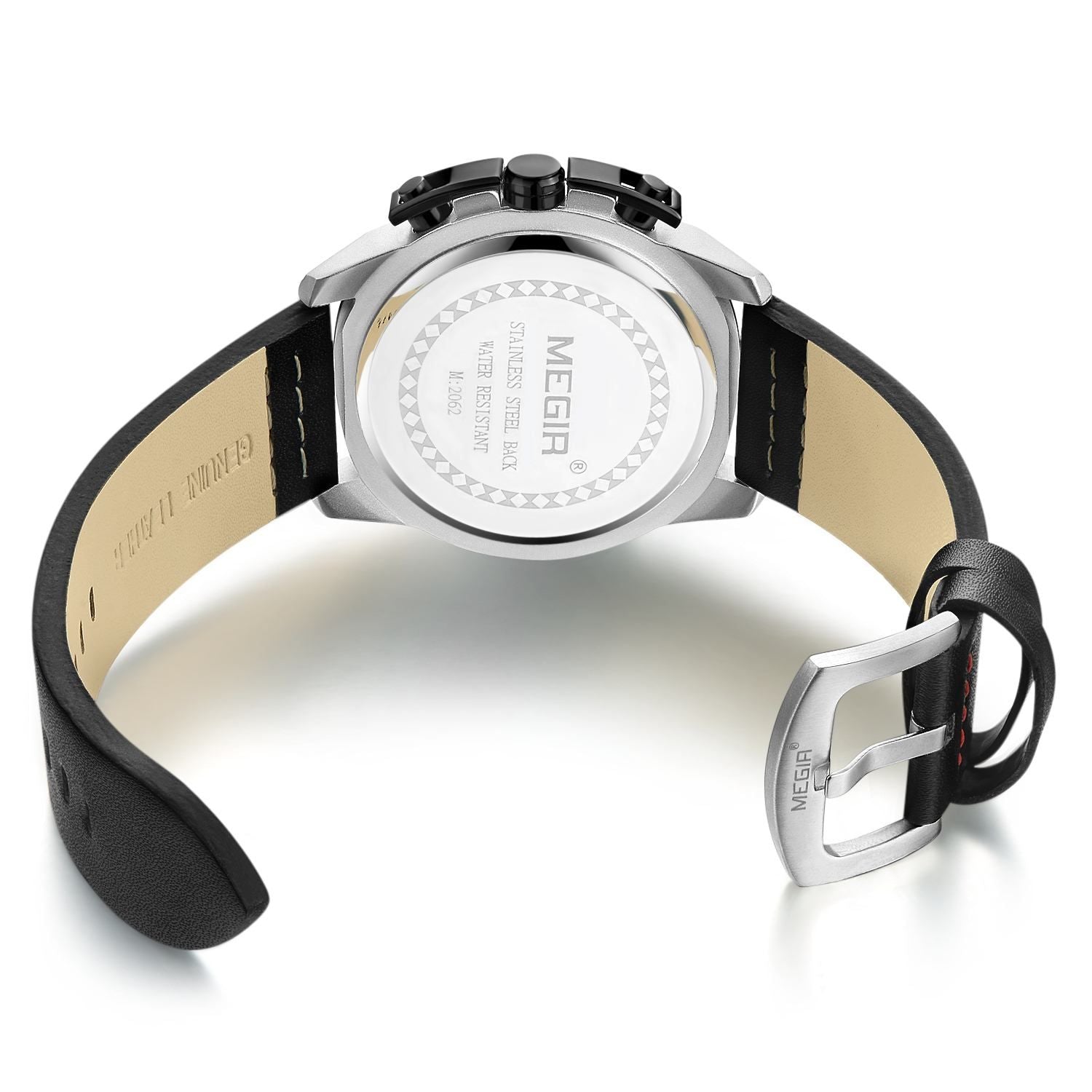 MEGIR 2062 men's chronograph watch caseback with engravings and black leather strap with buckle