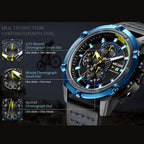 MEGIR 2062 men's chronograph watch feature graphic explaining the 1/10-second, minute and second sub-dials