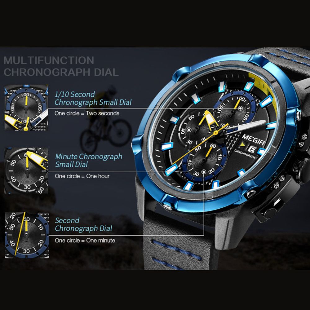 MEGIR 2062 men's chronograph watch feature graphic explaining the 1/10-second, minute and second sub-dials