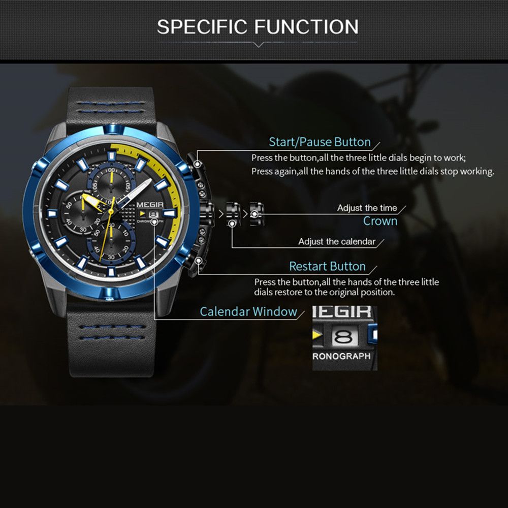 MEGIR 2062 men's chronograph watch operation graphic showing the start, crown, restart buttons and calendar