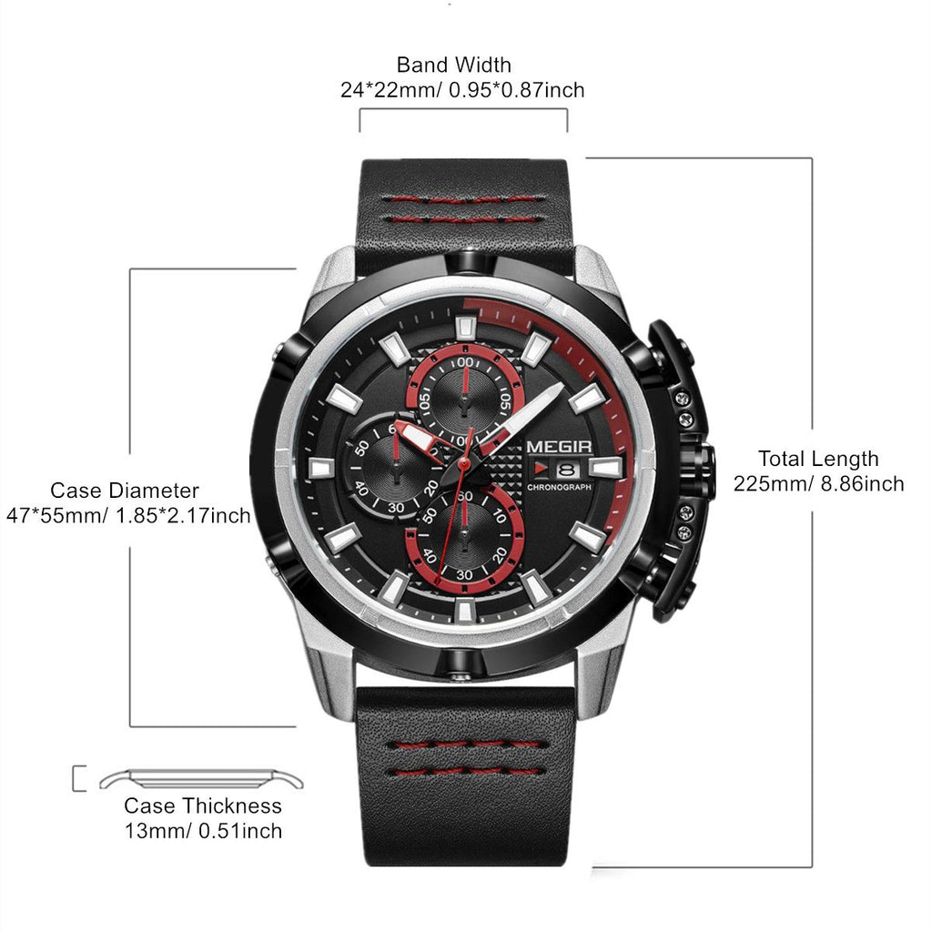 MEGIR 2062 men's chronograph watch parameters graphic with case diameter, thickness, band width and length