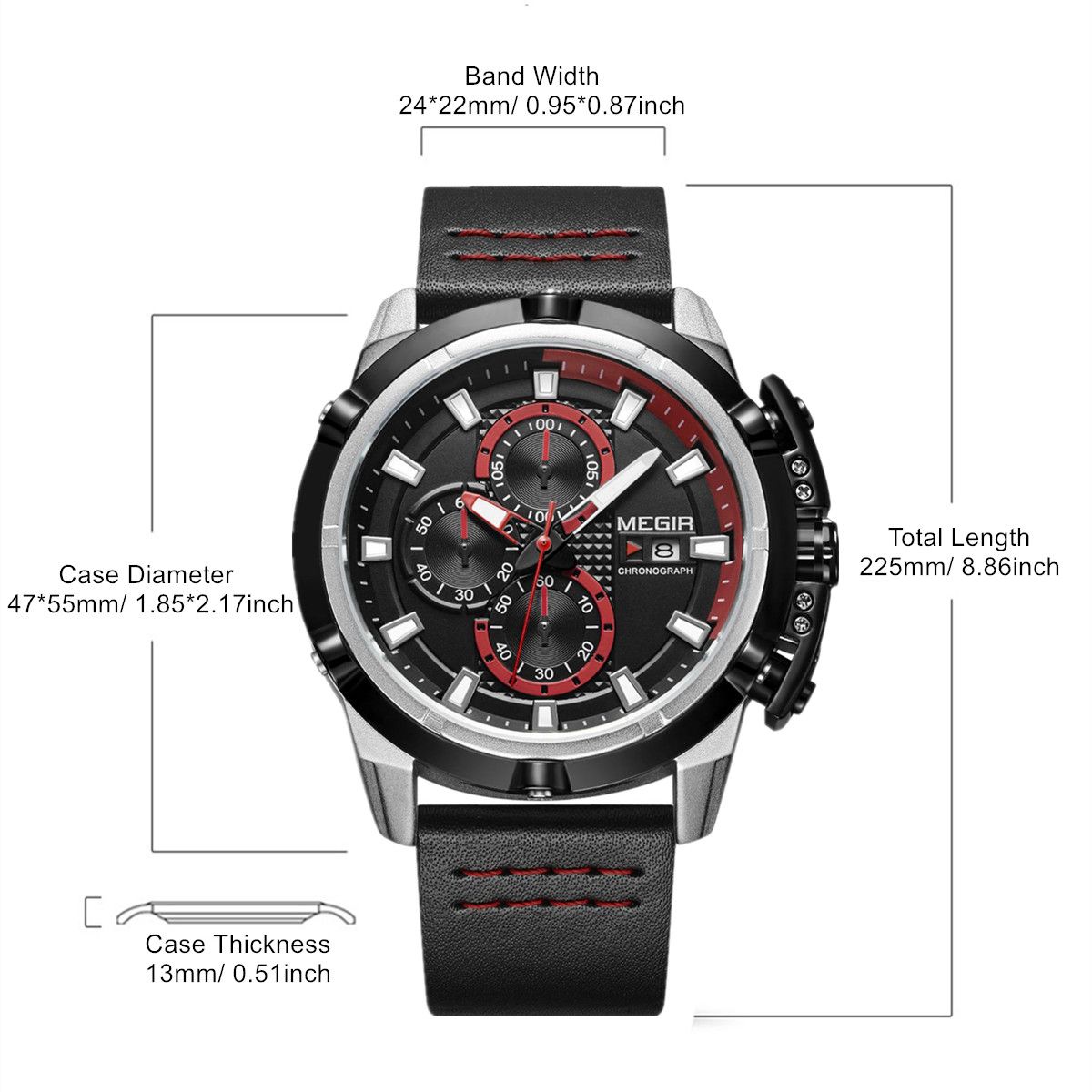 MEGIR 2062 men's chronograph watch parameters graphic with case diameter, thickness, band width and length