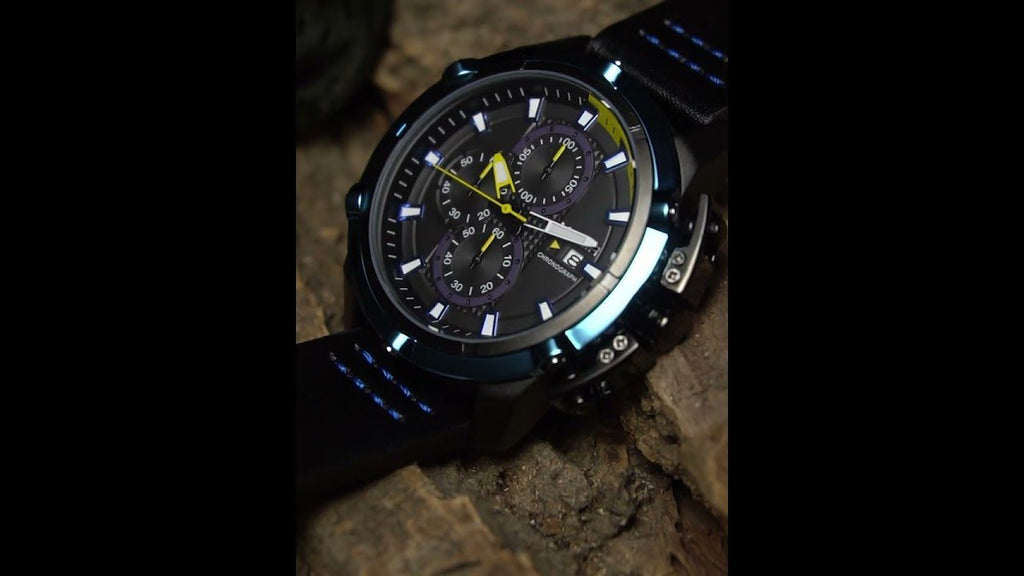 MEGIR 2062 men's chronograph watch product video thumbnail, black case with blue bezel on a wood surface