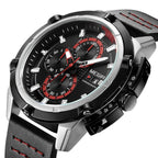MEGIR 2062 men's chronograph watch, silver case with black dial, red accents and black leather strap, three-quarter view