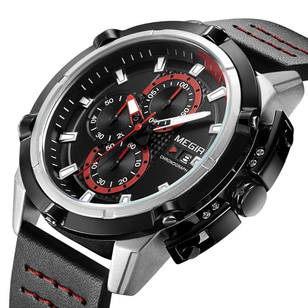 MEGIR 2062 men's chronograph watch, silver case with black dial, red accents and black leather strap, three-quarter view