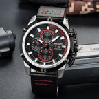 MEGIR 2062 men's chronograph watch, silver case with black dial, red accents and black leather strap, angled view