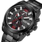 MEGIR 2063 men's chronograph watch, all-black case with black dial and black stainless steel bracelet, angled view