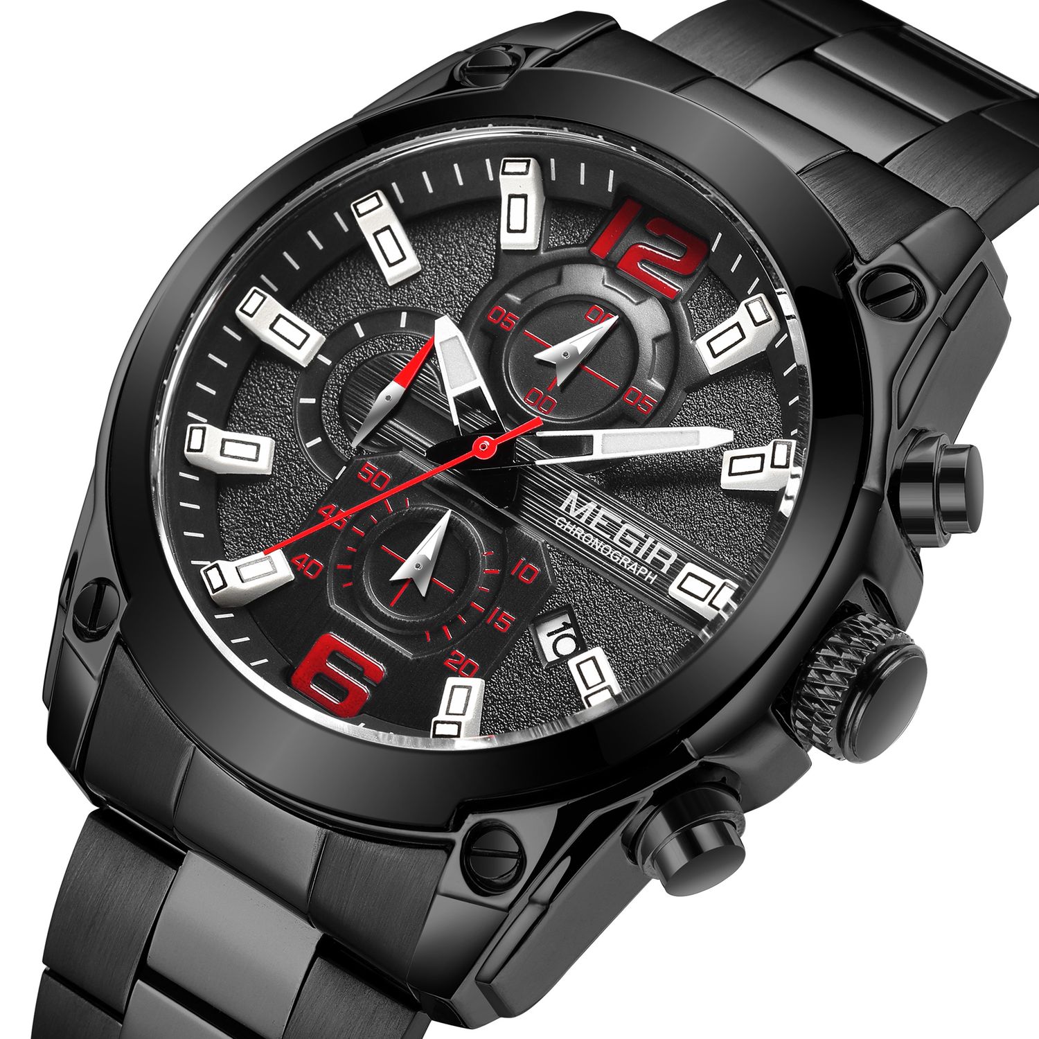 MEGIR 2063 men's chronograph watch, all-black case with black dial and black stainless steel bracelet, angled view