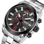 MEGIR 2063 men's chronograph watch, silver case with black dial and stainless steel bracelet, angled view
