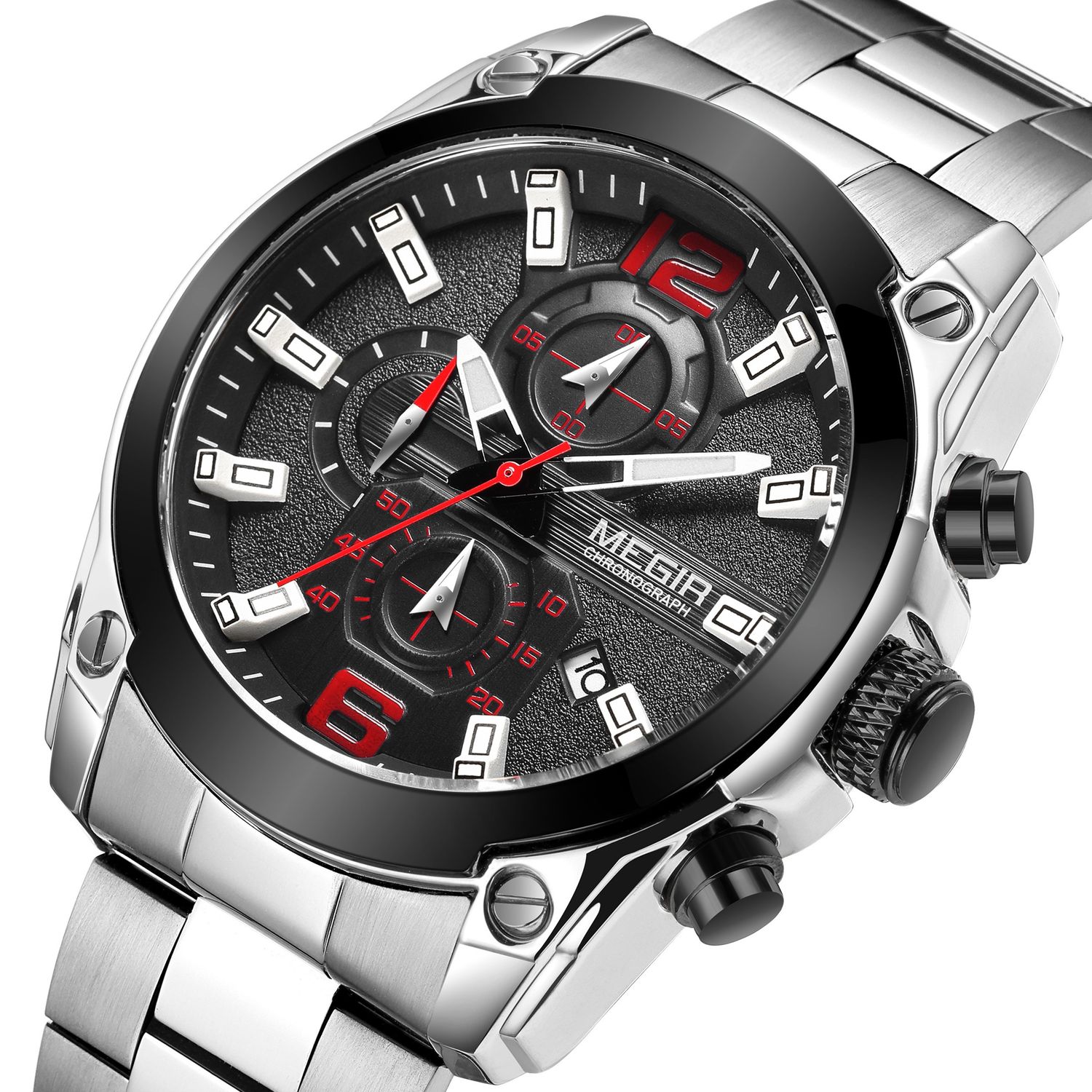 MEGIR 2063 men's chronograph watch, silver case with black dial and stainless steel bracelet, angled view
