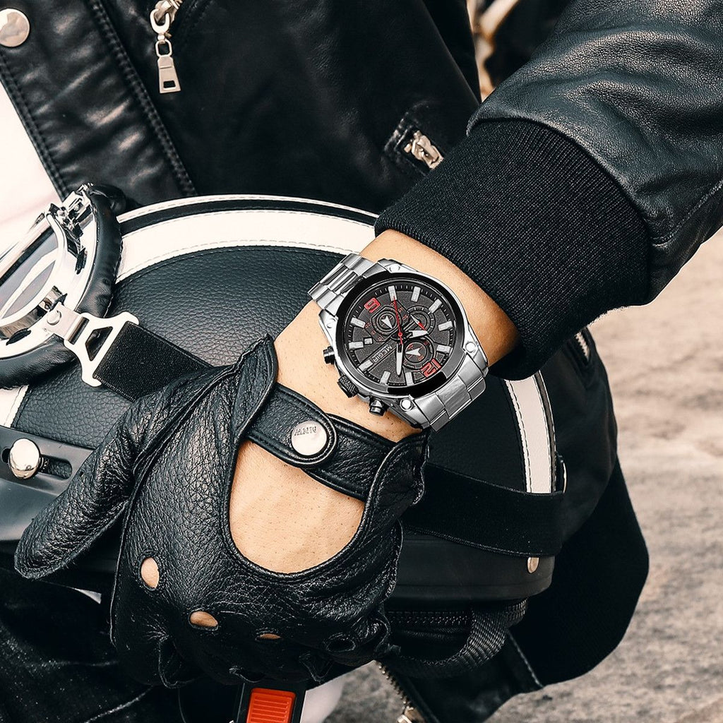MEGIR 2063 men's chronograph watch on the wrist, silver case with black dial and stainless steel bracelet