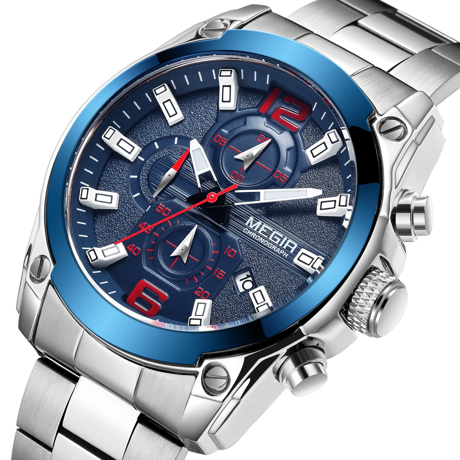 MEGIR 2063 men's chronograph watch, silver case with blue dial and stainless steel bracelet, angled view