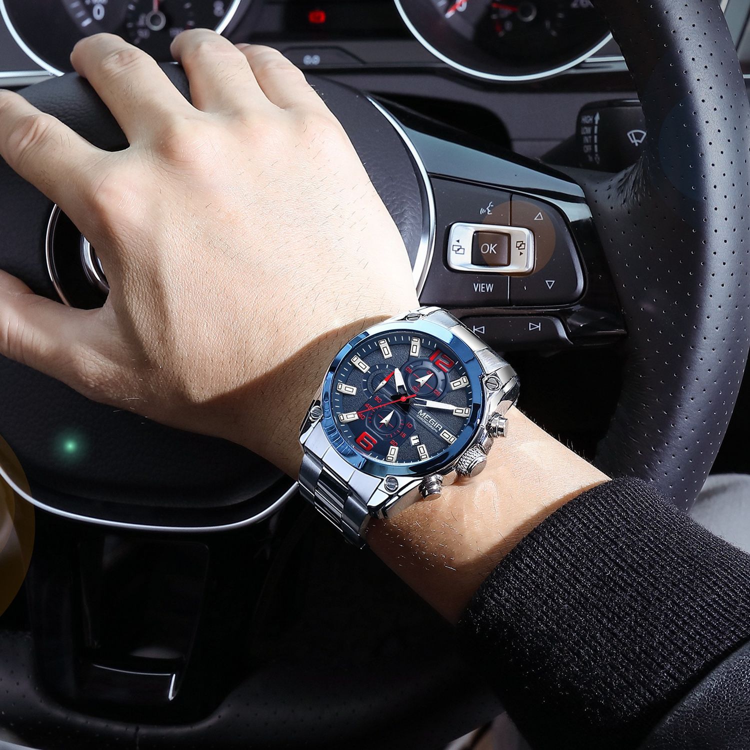 MEGIR 2063 men's chronograph watch on the wrist, silver case with blue dial and stainless steel bracelet