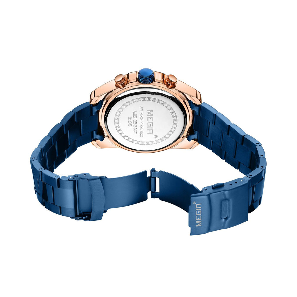 MEGIR 2063 men's chronograph watch caseback with engravings and blue steel bracelet with clasp