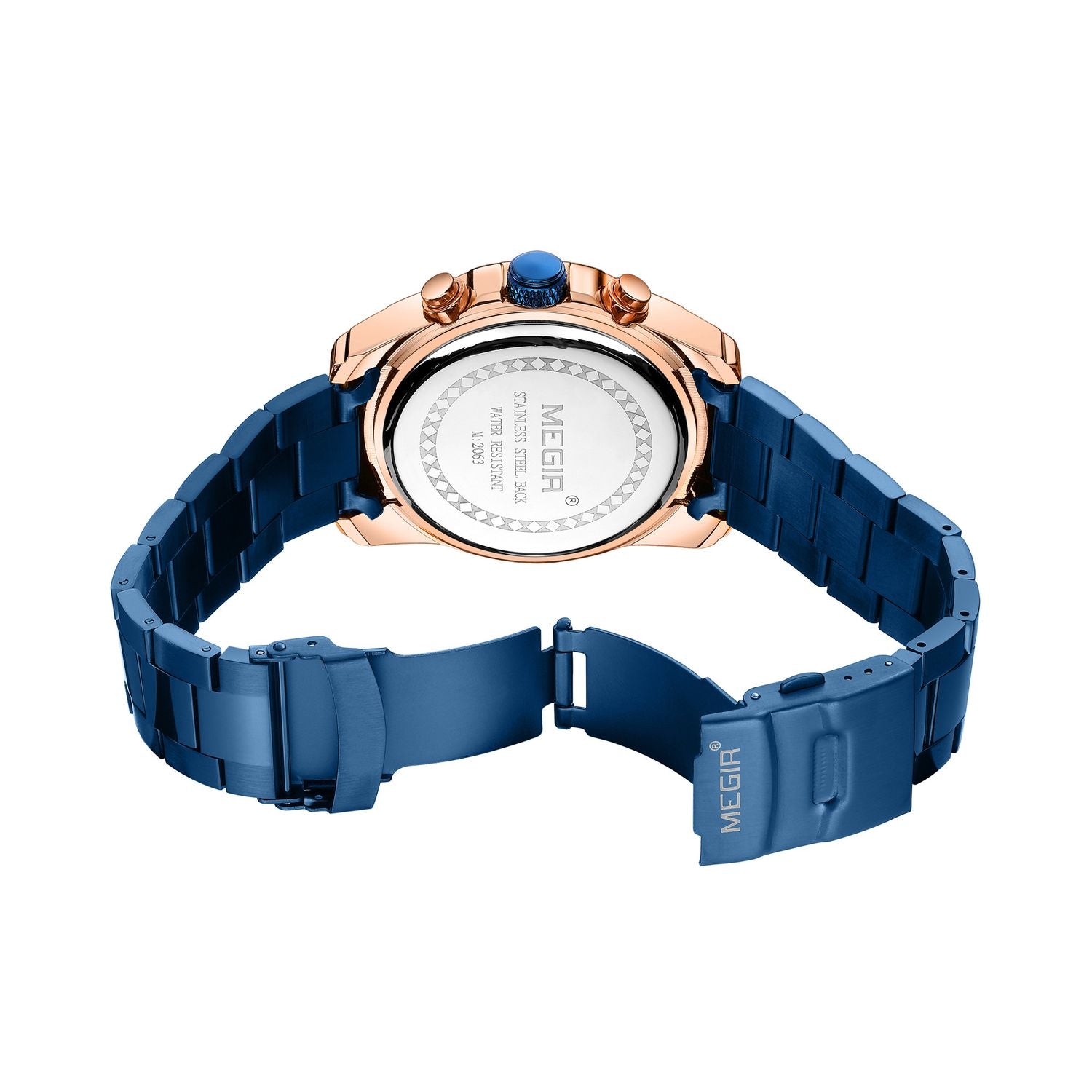 MEGIR 2063 men's chronograph watch caseback with engravings and blue steel bracelet with clasp