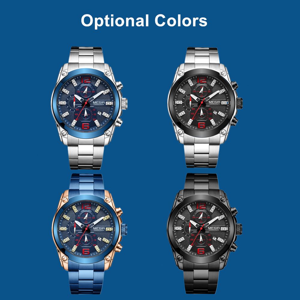 MEGIR 2063 men's chronograph watch shown in blue-silver, black-silver, rose-blue and all-black colour options
