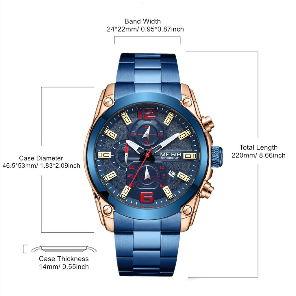 MEGIR 2063 men's chronograph watch parameters graphic with case diameter, thickness, band width and length