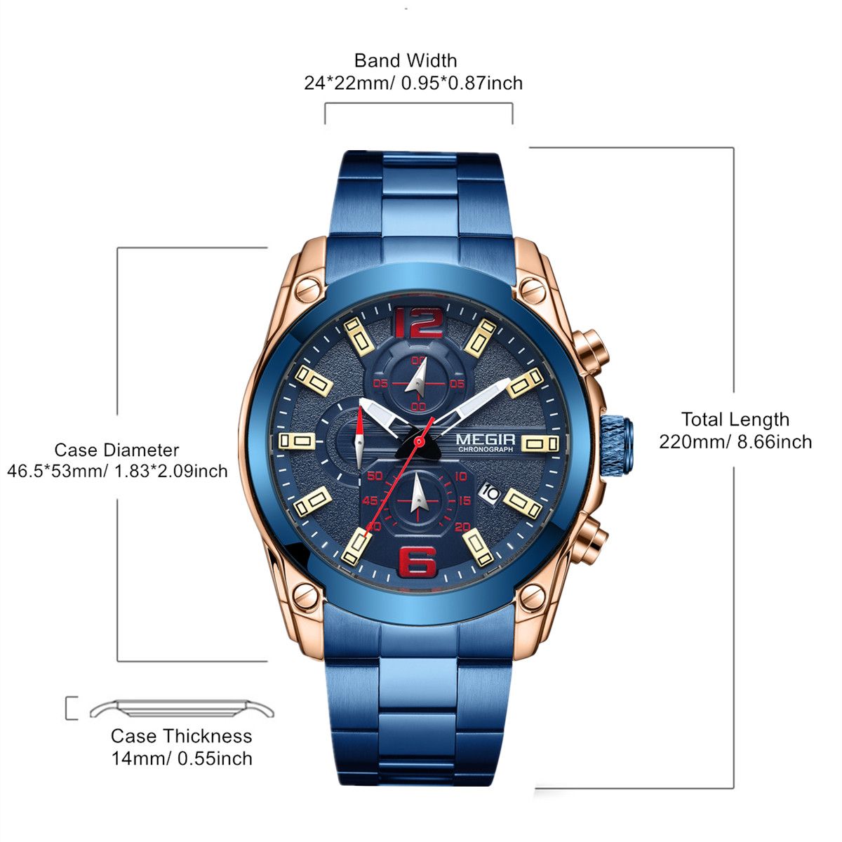 MEGIR 2063 men's chronograph watch parameters graphic with case diameter, thickness, band width and length