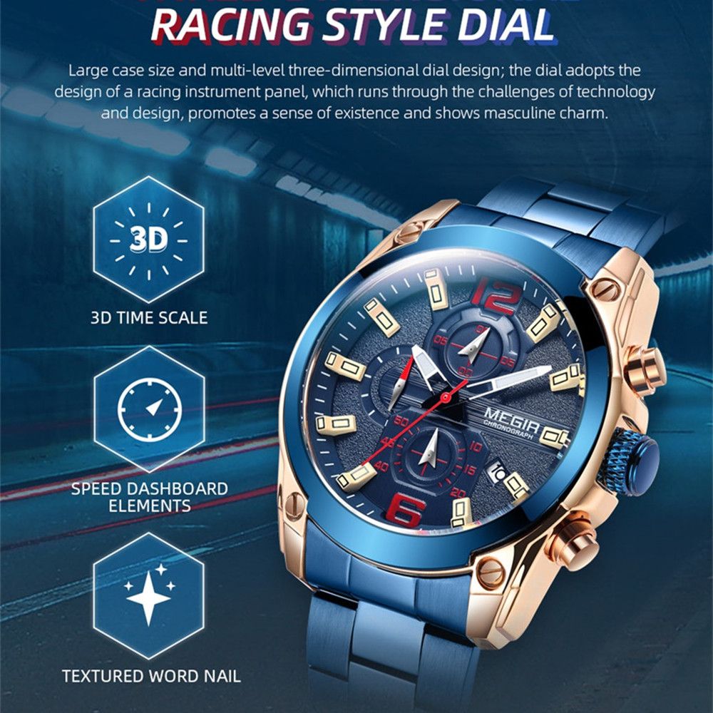 MEGIR 2063 men's chronograph watch feature graphic highlighting the racing-style three-dimensional dial