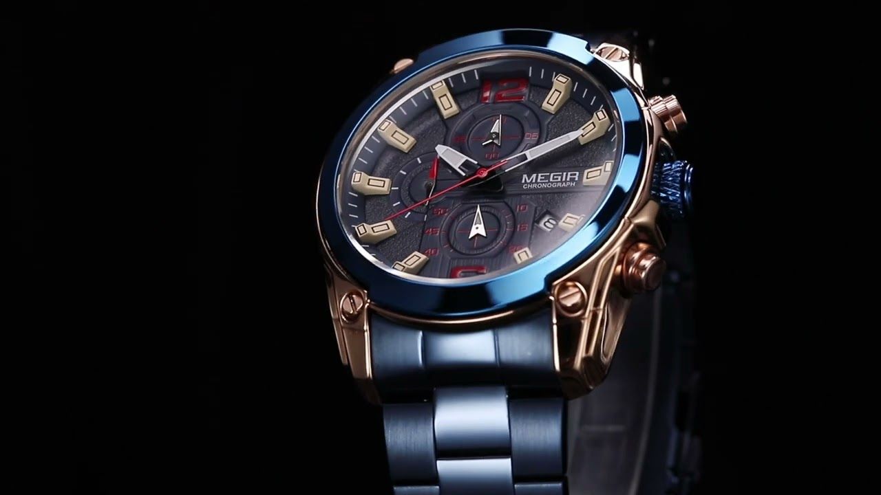 MEGIR 2063 men's chronograph watch product video thumbnail, rose-gold case with blue dial