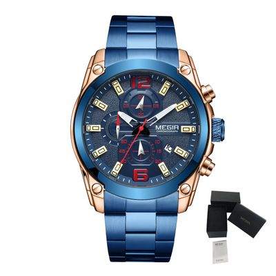 MEGIR 2063 men's chronograph watch, rose-gold case with blue dial and blue steel bracelet, with gift box