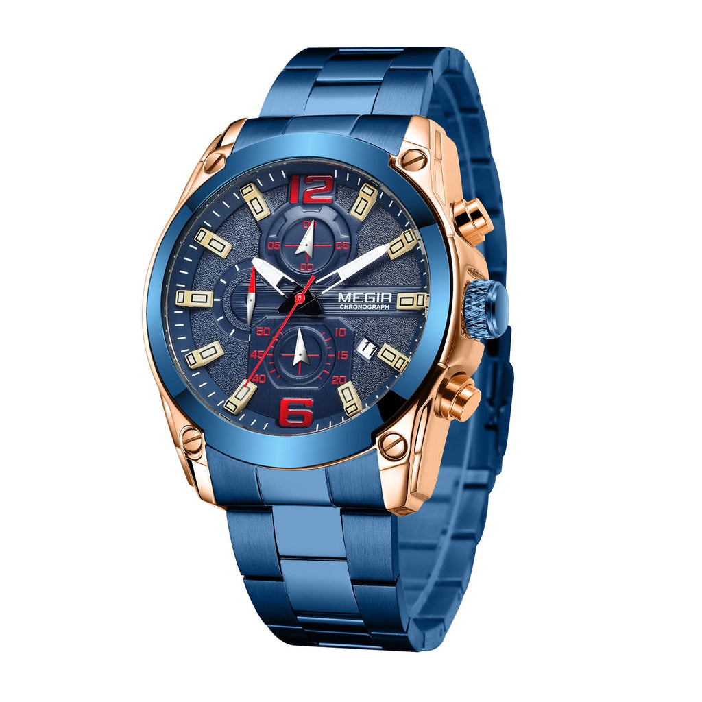 MEGIR 2063 men's chronograph watch, rose-gold case with blue dial and blue steel bracelet, angled view