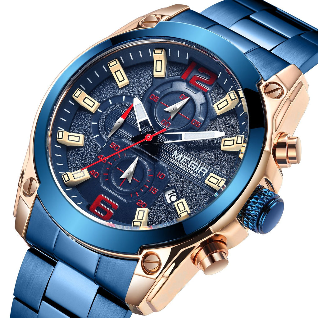 MEGIR 2063 men's chronograph watch, rose-gold case with blue dial and blue steel bracelet, three-quarter view