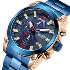 MEGIR 2063 men's chronograph watch, rose-gold case with blue dial and blue steel bracelet, three-quarter view