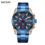 MEGIR 2063 men's chronograph watch, rose-gold case with blue dial and blue steel bracelet, front studio view