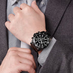 MEGIR 2064 men's chronograph watch on the wrist, all-black case with black dial and black stainless steel bracelet